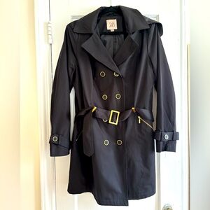Black trench style coat with gold & black buttons and hood. Size Large.